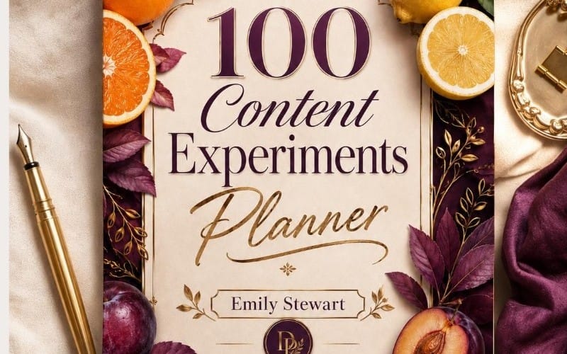 Decorative 100 Content Experiments Planner cover with floral accents, fruit slices, and gold pen on a desk