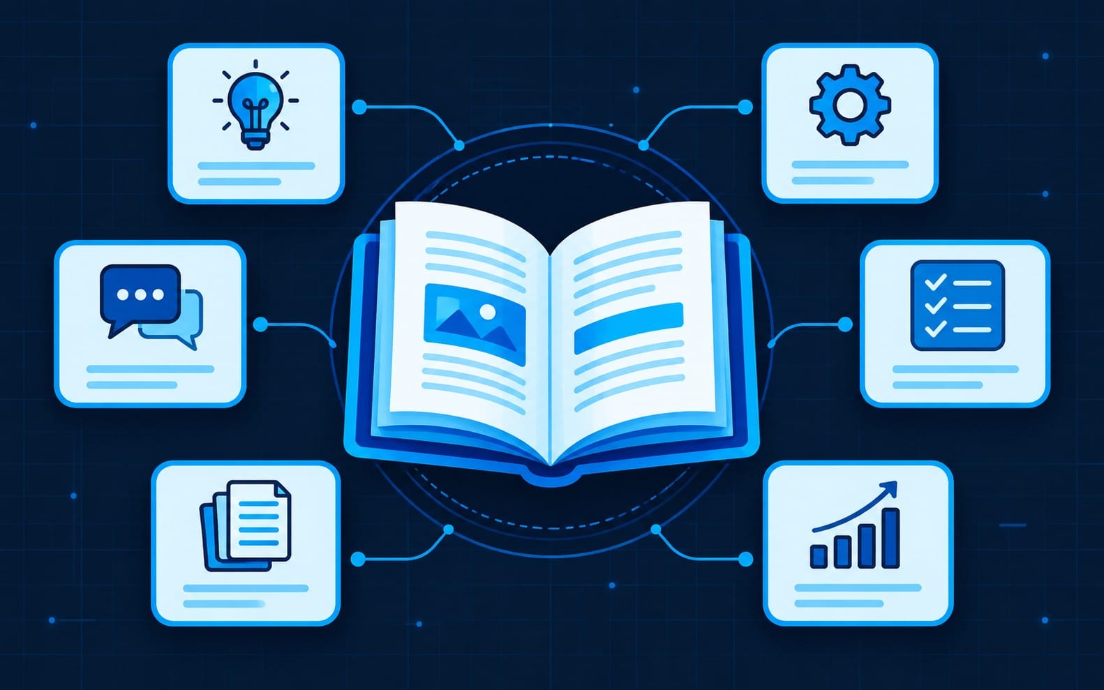 Digital marketing launch kit graphic with open book, connected icons, and AI-themed planning dashboard