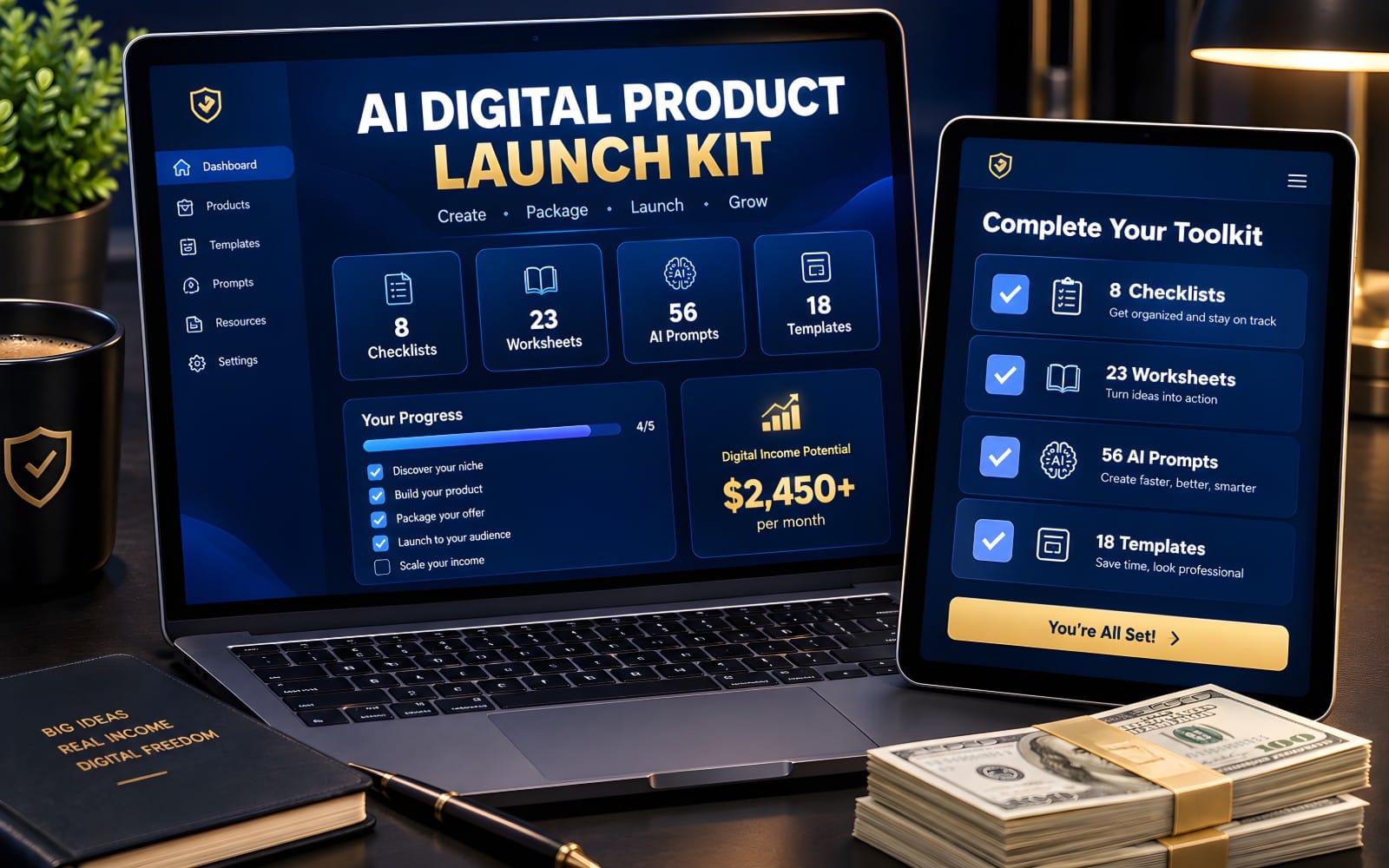 AI digital product launch kit dashboard on laptops with checklists, templates, prompts and budget icons