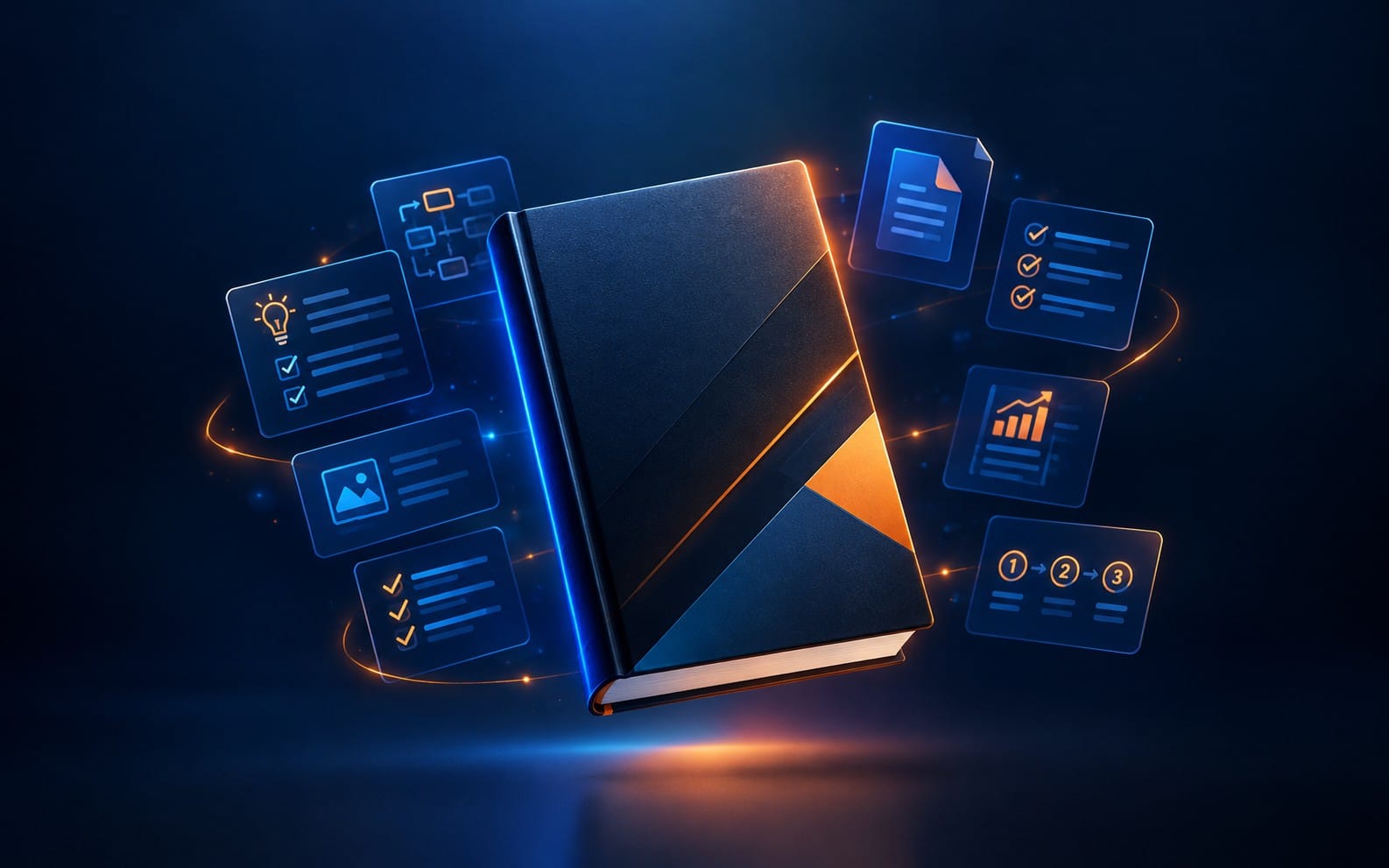 AI publishing toolkit banner with open book and floating document icons for creating and marketing KDP ebooks
