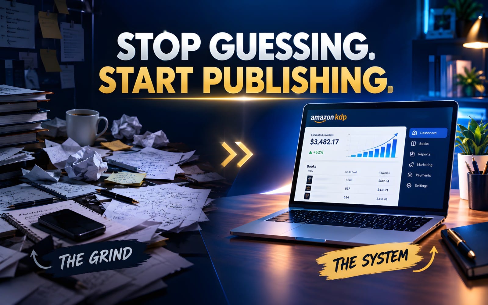 Promotional banner for KDP AI Publishing Toolkit, showing laptop analytics and “Stop Guessing, Start Publishing” text