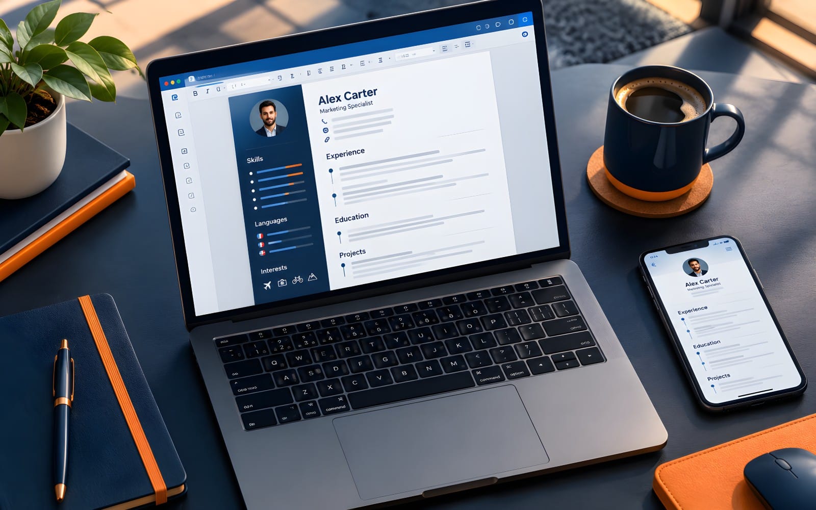 Laptop and smartphone displaying an AI resume editor interface on a desk with coffee and stationery career toolkit