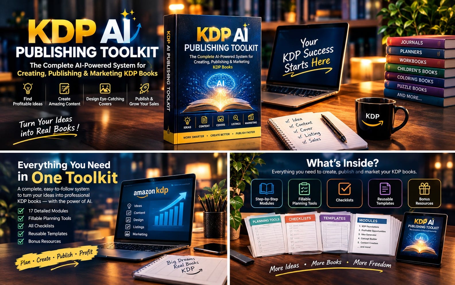 KDP AI Publishing Toolkit promotional banner with a book cover, laptop screen, planners, and stationery on a desk