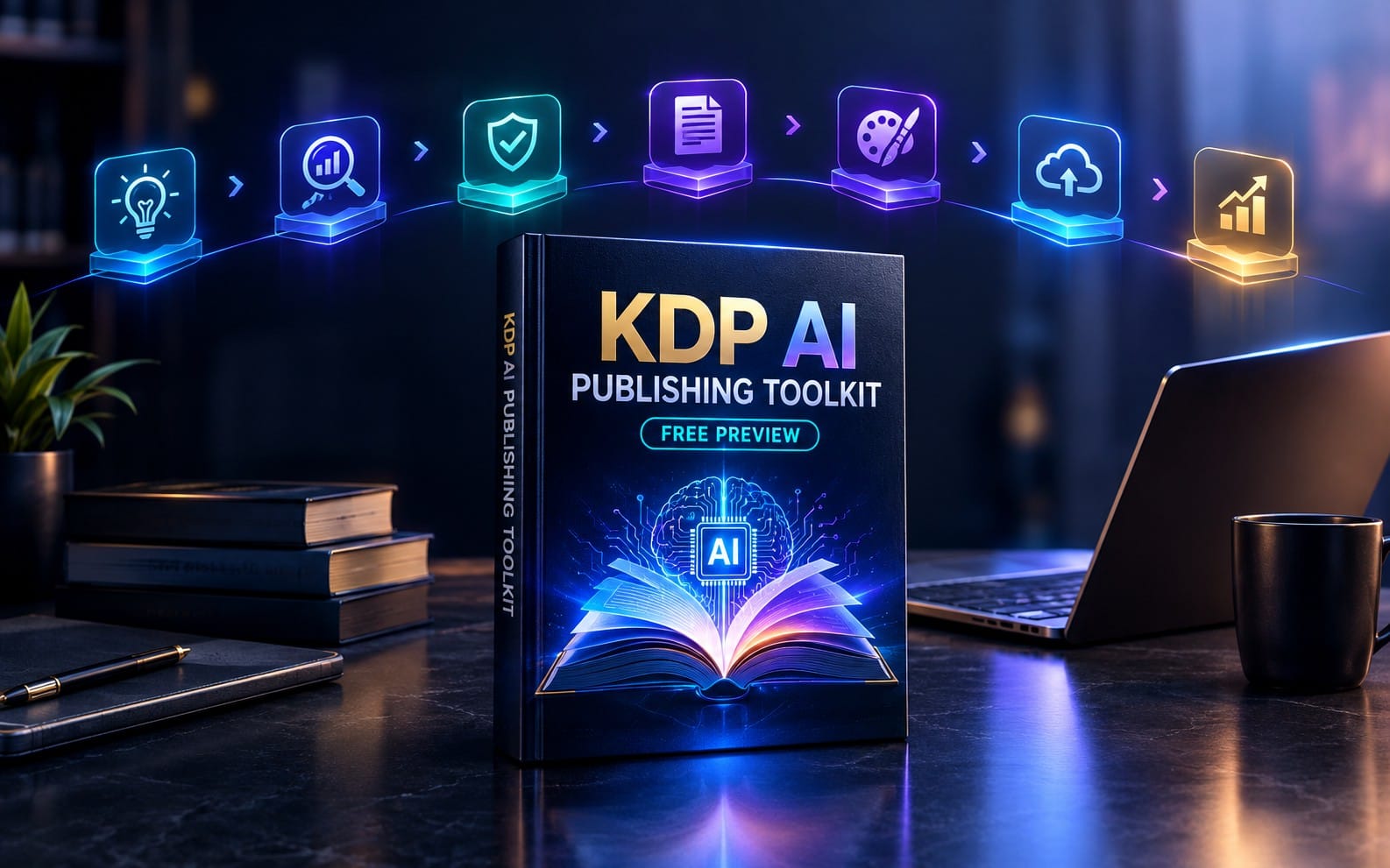 KDP AI Publishing Toolkit free preview book cover on a desk with glowing digital icons and laptop background