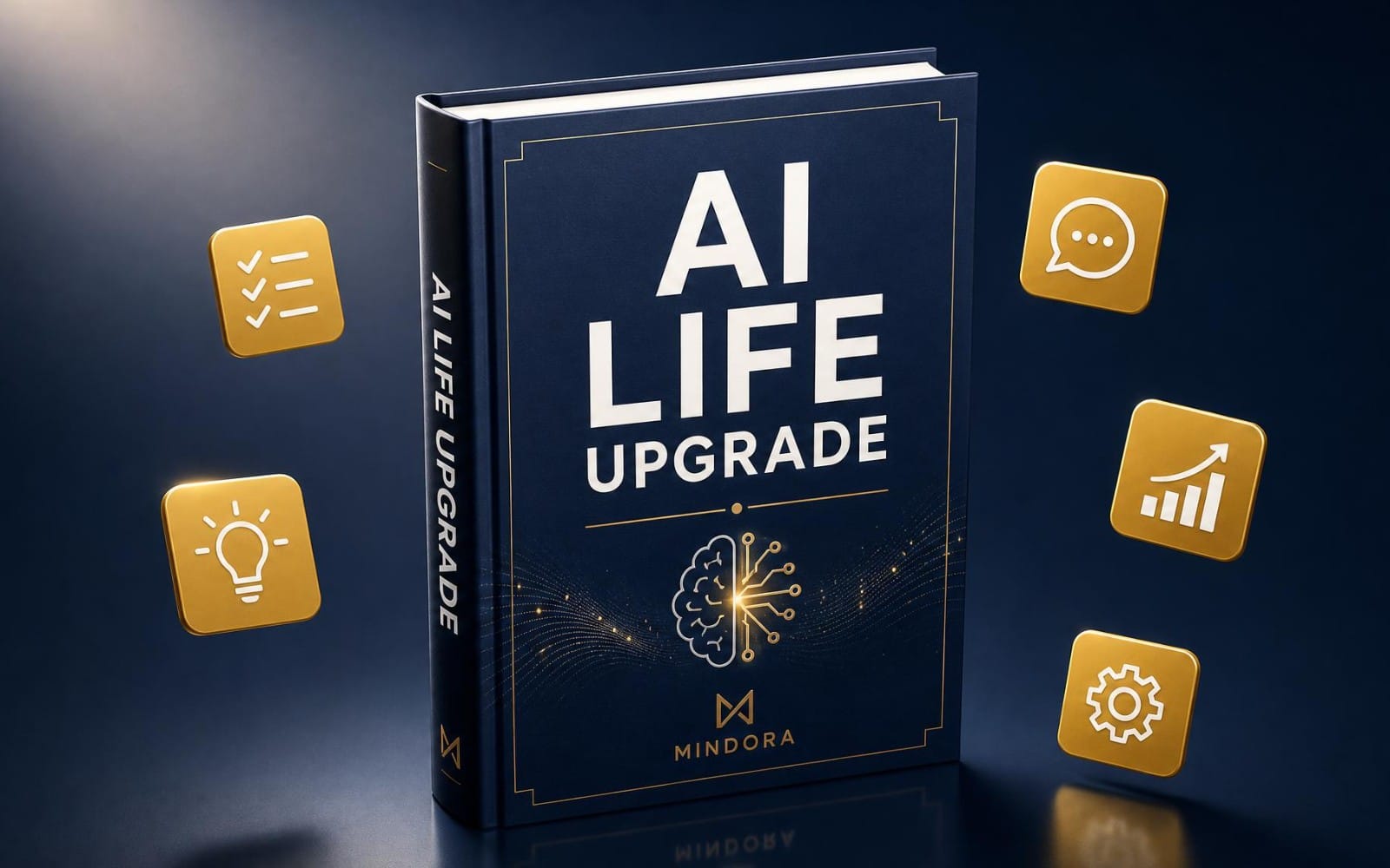 AI Life Upgrade book with productivity concept icons and glowing golden symbols on a dark background