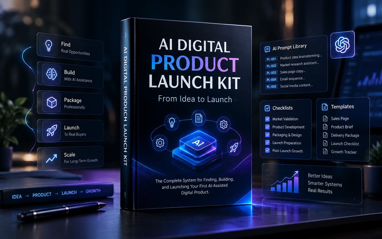 AI Digital Product Launch Kit book cover with neon UI panels showing modules, prompts, checklists, and templates