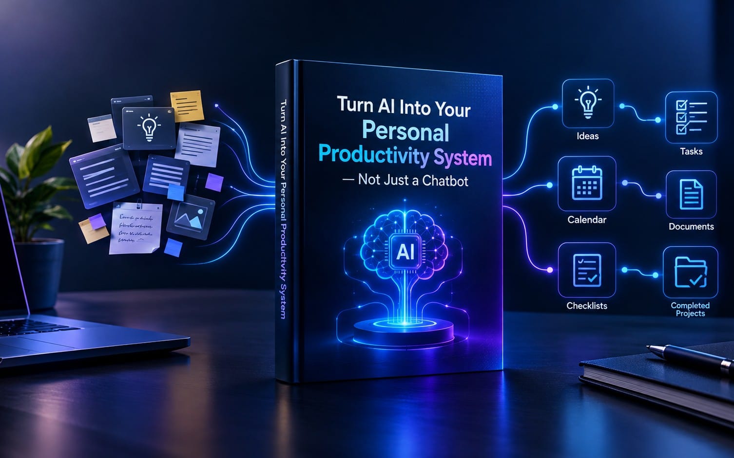 AI productivity system ebook cover with glowing mind and task, calendar, documents icons on a desk scene
