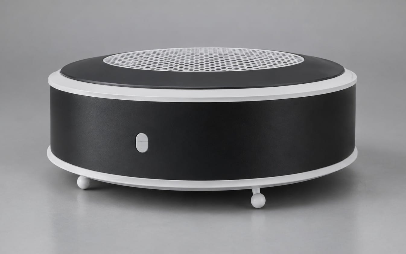 Black and white cylindrical camera drone speaker-like device with grille top and round legs