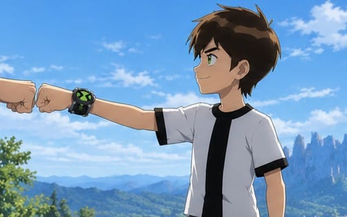 Anime-style character in a short-sleeve shirt wearing the BENTEN Core wearable, digital art background outdoors