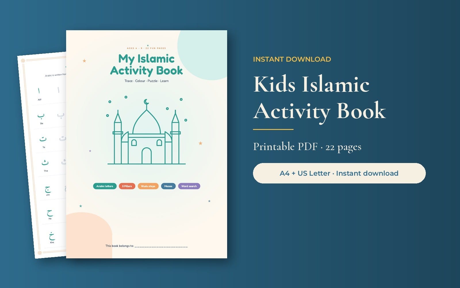 Kids Islamic Activity Book Printable | Arabic Letter Tracing, Colouring, Mazes, Word Search, Du'a Cards | Muslim Kids PDF