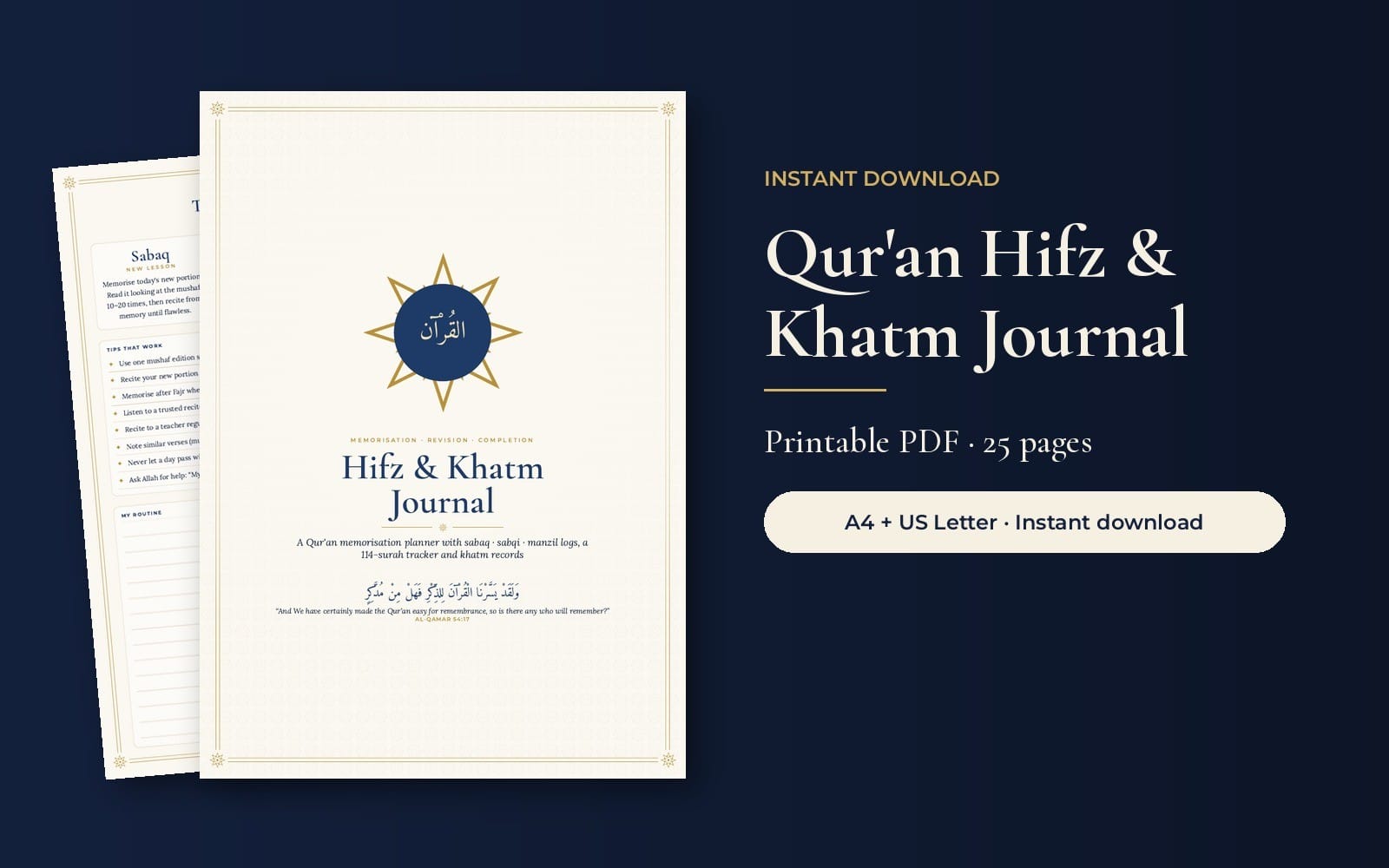 Quran Hifz Journal Printable | Memorization Tracker for All 114 Surahs and 30 Juz, Sabaq Sabqi Manzil Planner, Khatm Log | PDF