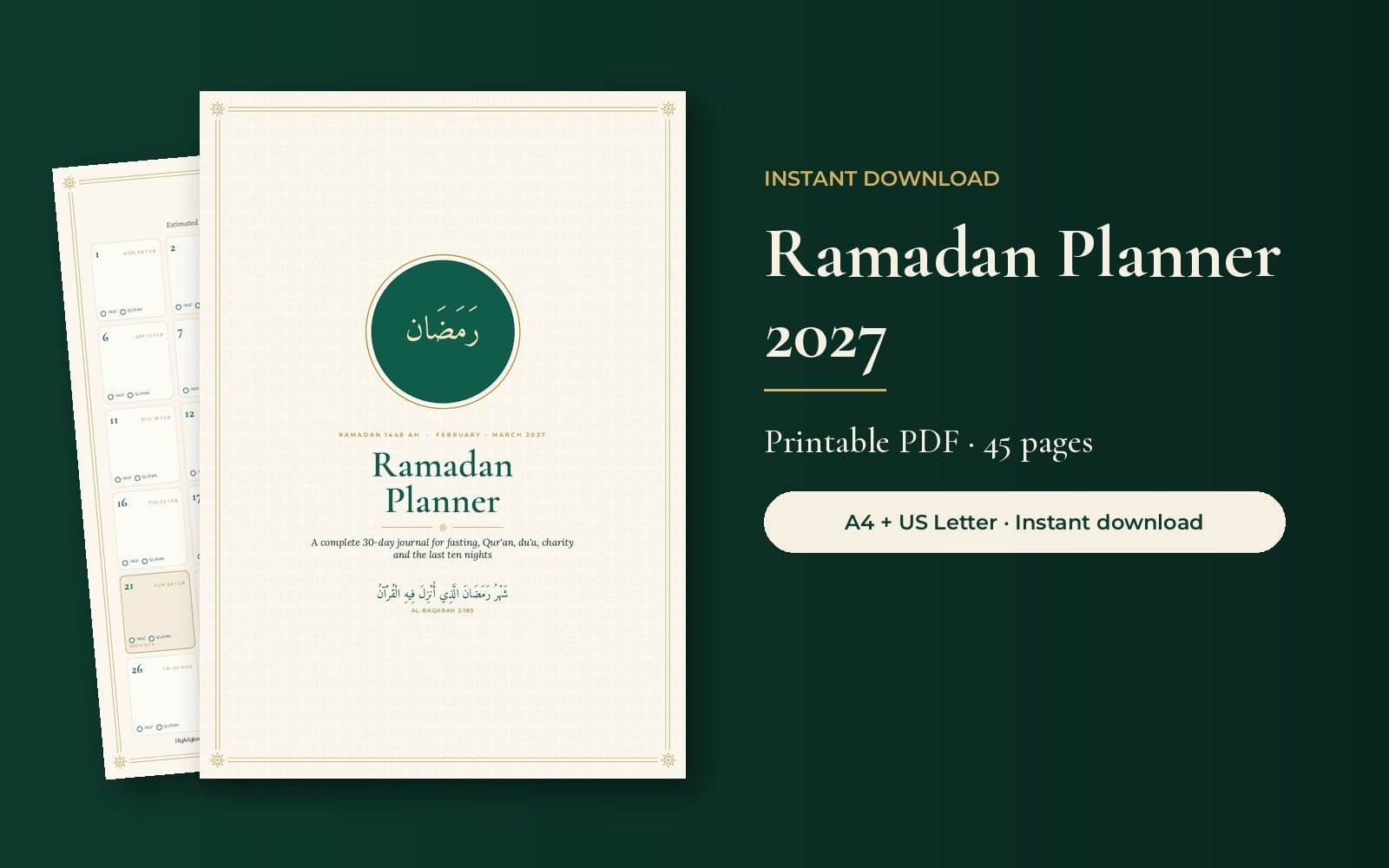 Ramadan Planner 2027 Printable | 1448 AH Daily Ramadan Journal, Quran Khatm Tracker, Meal Planner | A4 & US Letter PDF