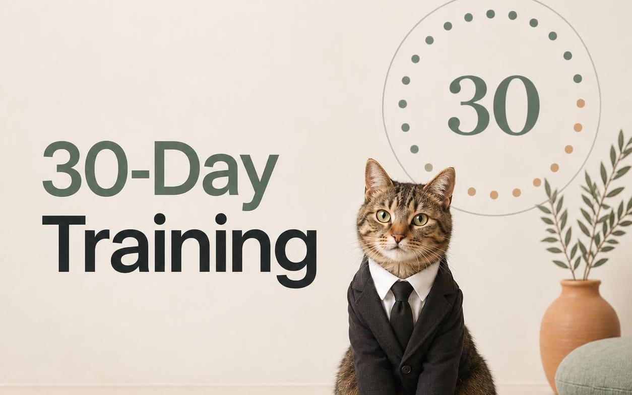 Tabby cat wearing a suit with text 30-Day Training and a 30-day progress circle, digital cat training course cover