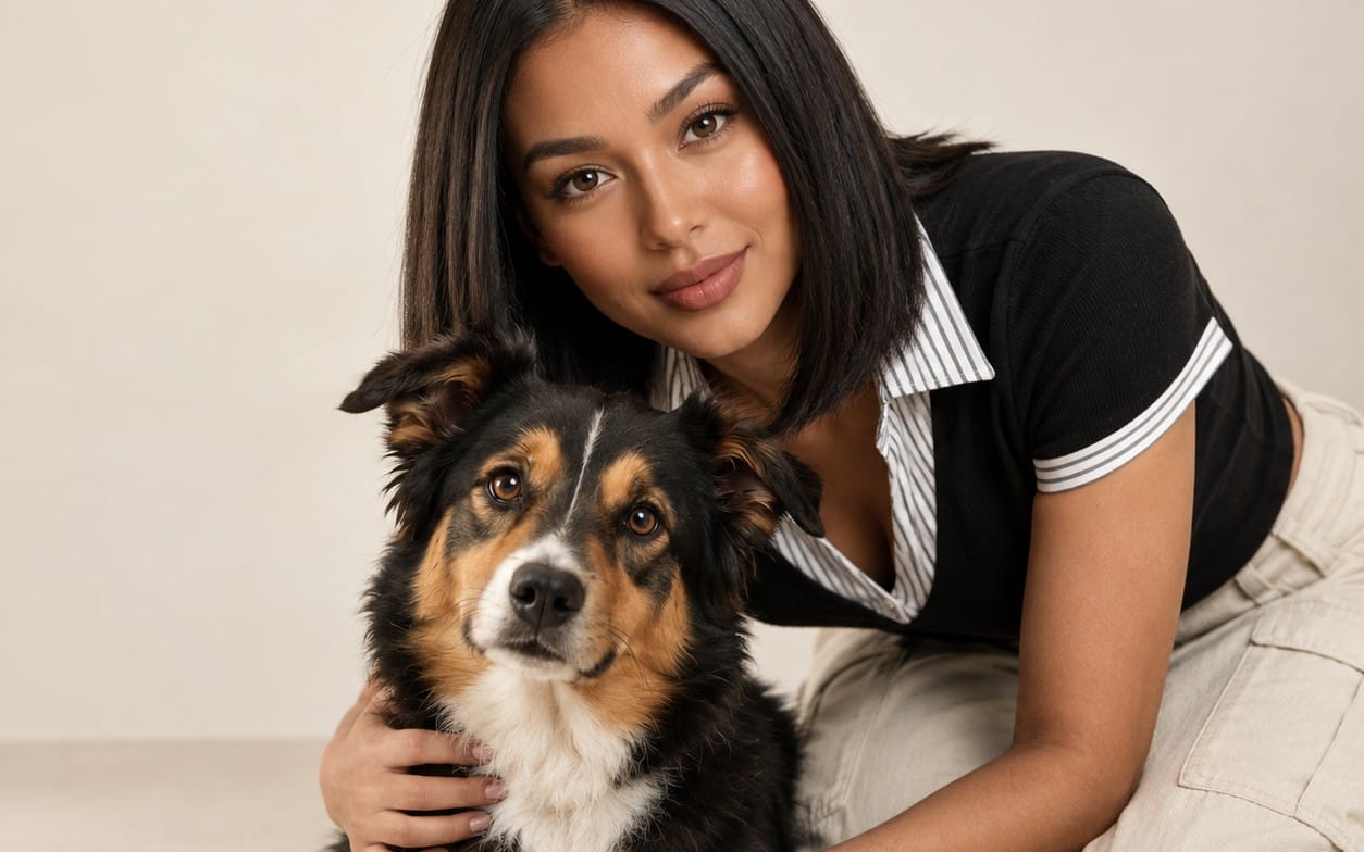 Woman holding a fluffy tri-color dog, representing a 30-day step-by-step dog training digital guide