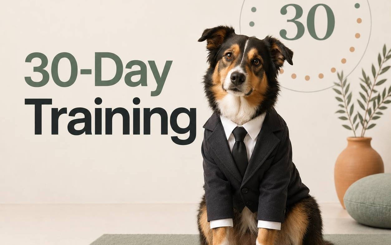 30-day dog training course cover featuring a suited dog with “30-Day Training” text and “30” graphic
