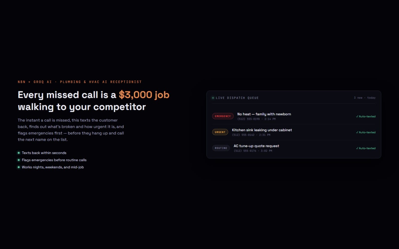 AI Receptionist for Plumbers & HVAC — Instant Missed-Call Text-Back & Job Booking (n8n workflow)