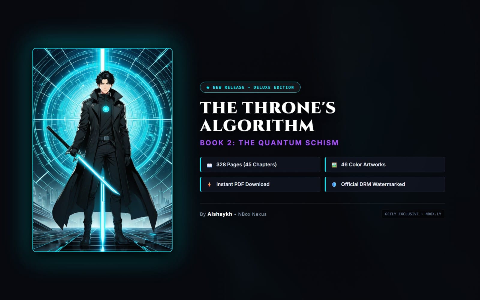 Deluxe illustrated sci-fi book cover for The Throne’s Algorithm Book 2 The Quantum Schism with a lone armored man