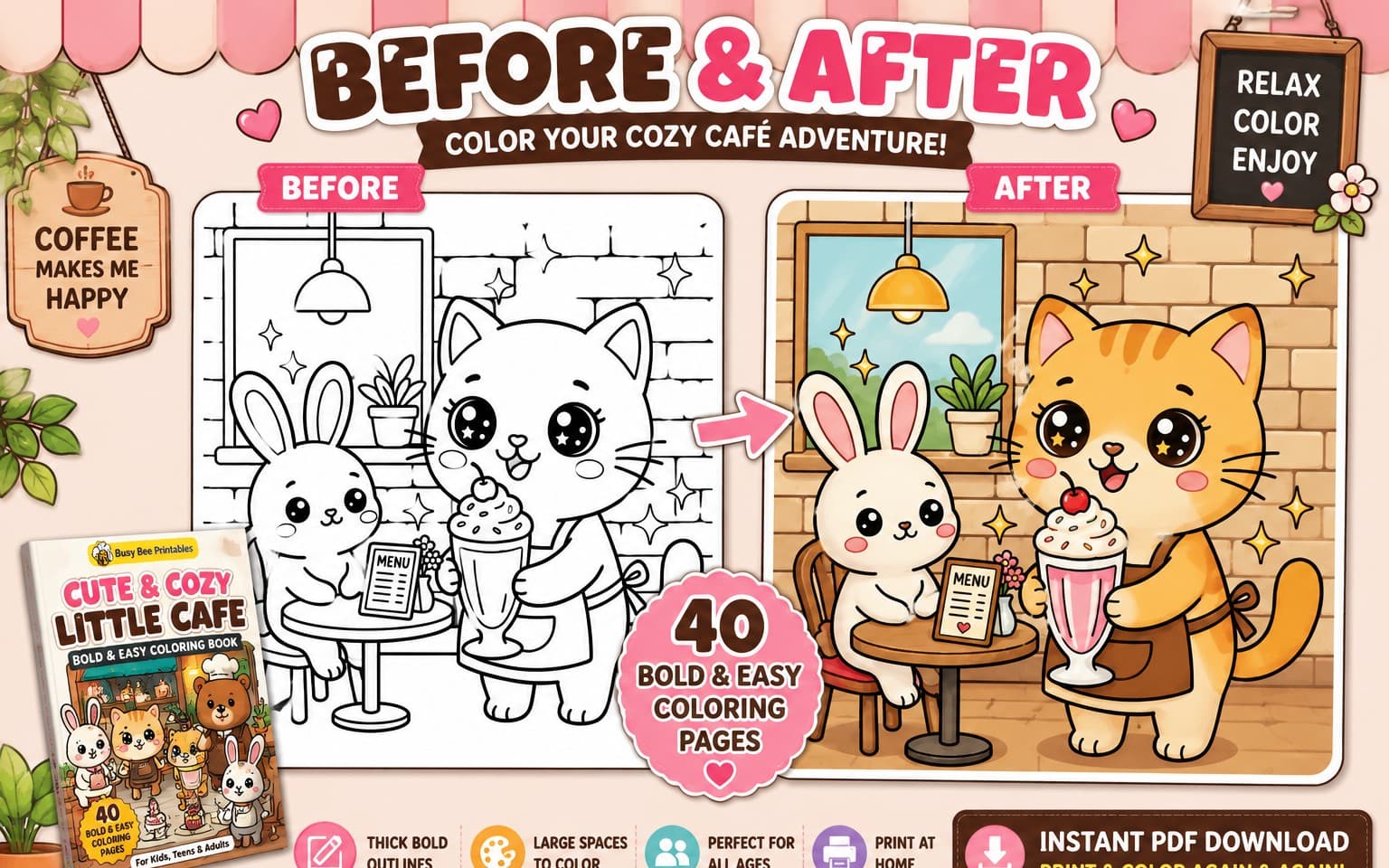 Cute & Cozy Little Cafe: Bold & Easy Coloring Book | 40 Printable Coloring Pages for Kids, Teens & Adults | Instant PDF Download