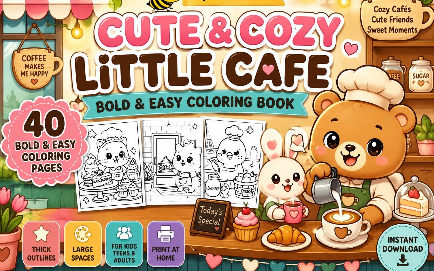 Cute & Cozy Little Cafe: Bold & Easy Coloring Book | 40 Printable Coloring Pages for Kids, Teens & Adults | Instant PDF Download