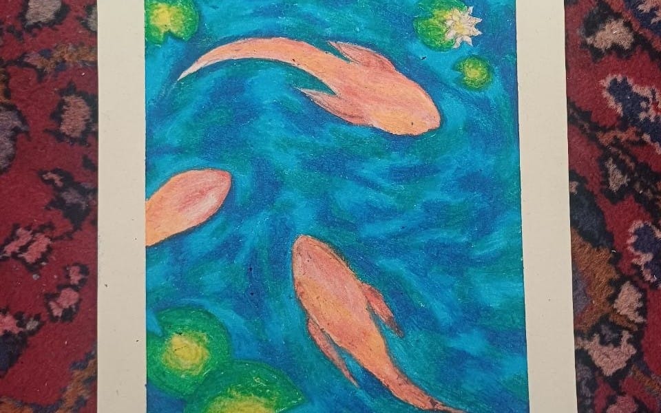 Hand-painted golden fish underwater artwork with blue water, green lily pads, and fish swimming