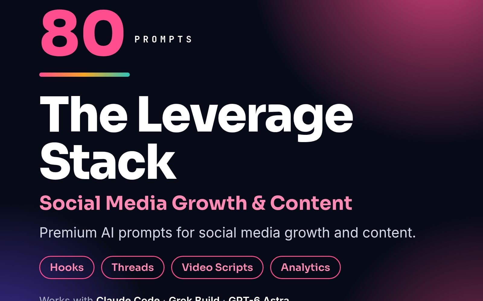 Promotional banner for The Leverage Stack Social Media Edition with bold text, pink icons, and feature labels