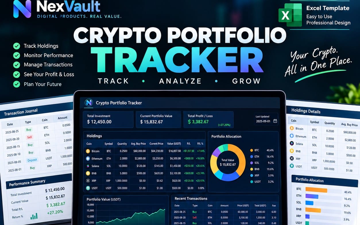 Crypto Portfolio Tracker Excel dashboard template with charts, holdings table, and transaction journal on dark theme