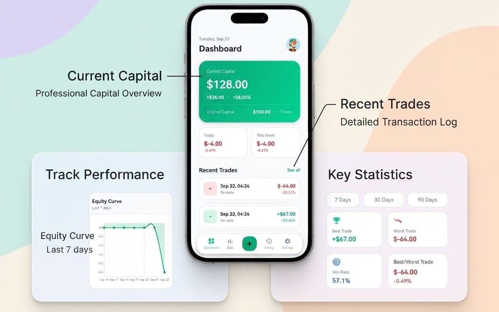 TradeLog Android trading journal app UI dashboard with balance, recent trades, and performance charts on a smartphone