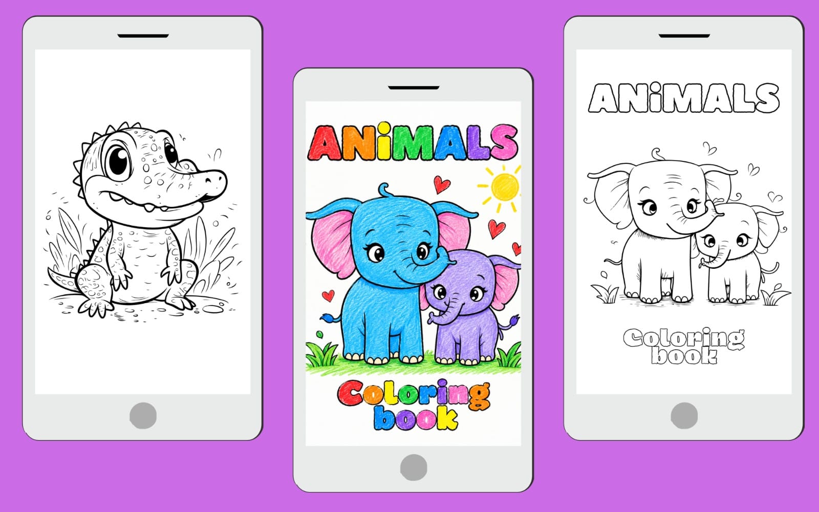 Printable kids coloring book pages featuring cute animals with elephant and dog designs on phone screens