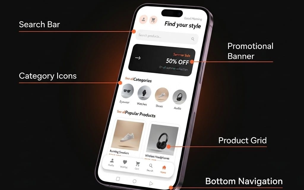 Android e-commerce UI kit preview on smartphone screen with search bar, promotional banner, product grid, and bottom nav