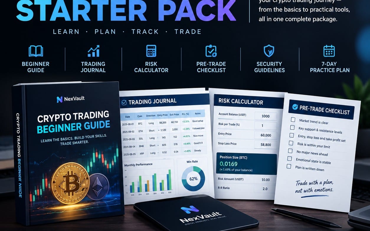 Digital crypto trading starter pack cover and printable tools with journal, risk calculator, checklist and phone on desk