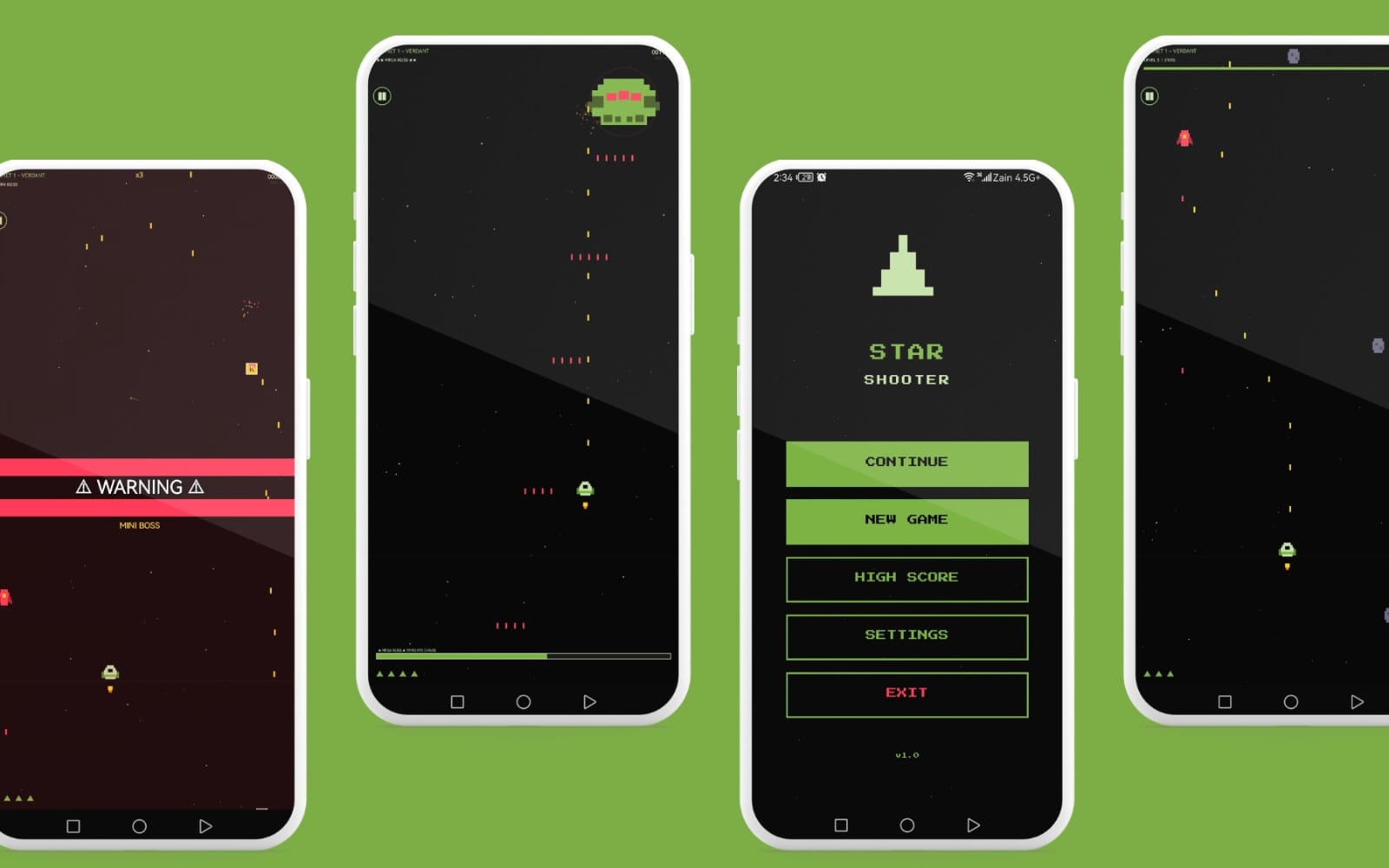 Retro space shooter game screenshots on three smartphone screens with alien spaceship and HUD menus