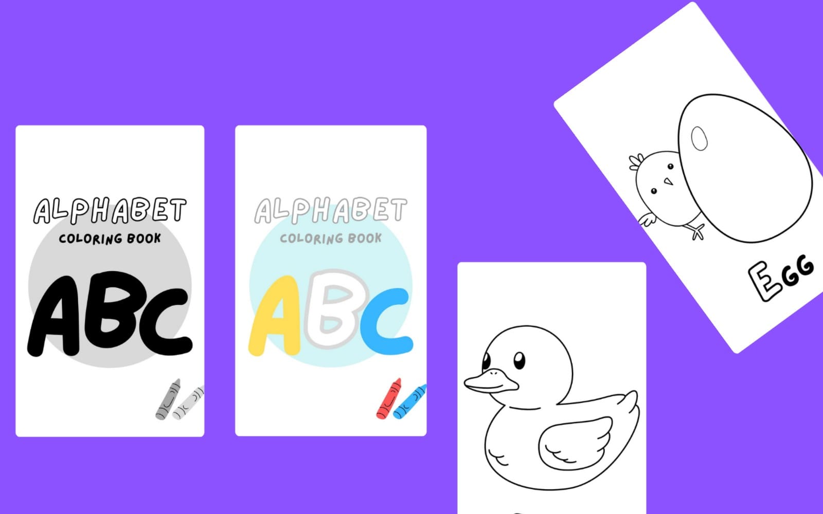 Printable alphabet coloring book cover and sample pages with kids letter A B C and doodle character illustrations PDF