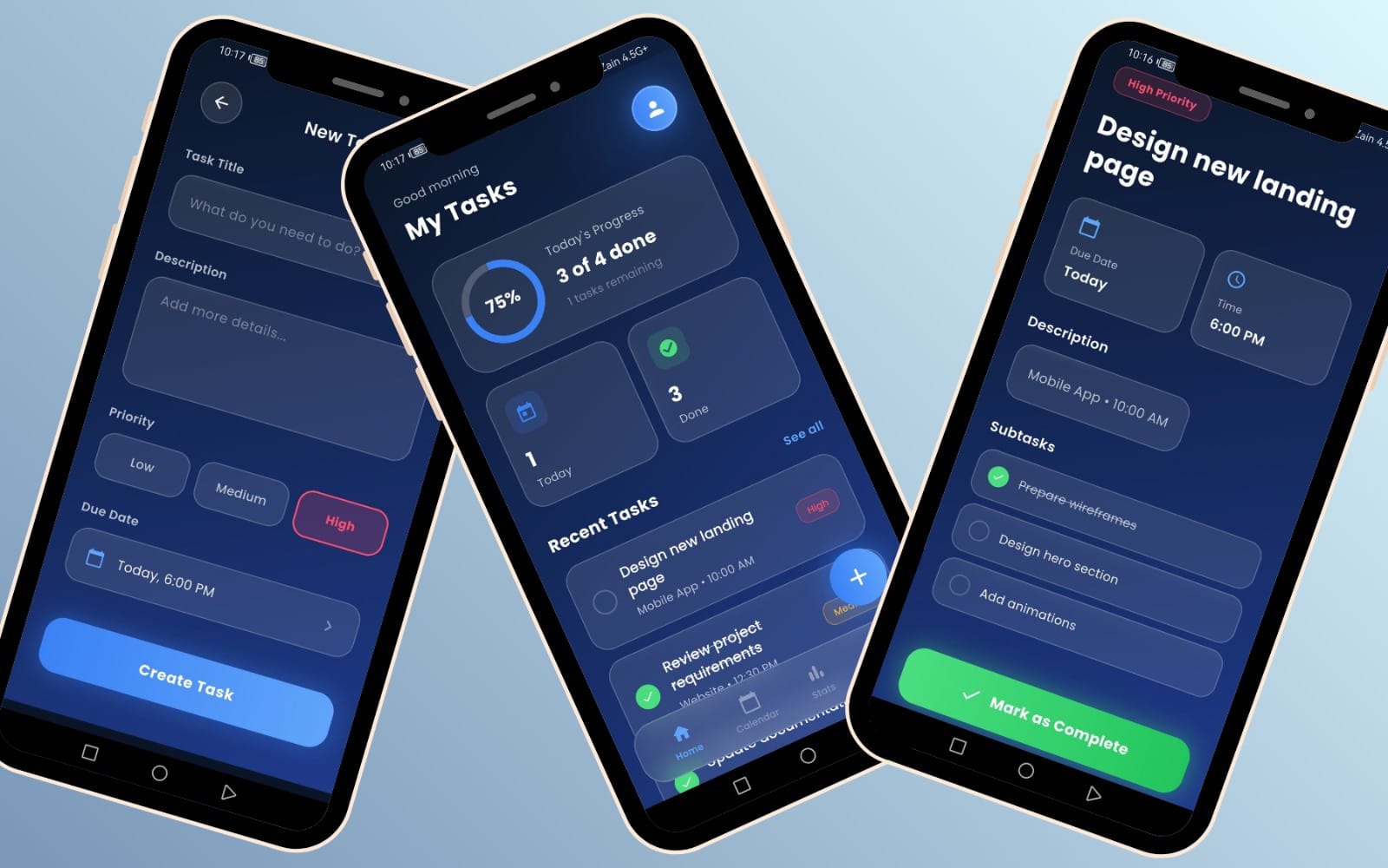 Three smartphone mockups showing GlassTask UI Flutter task manager screens with task lists and priority badges