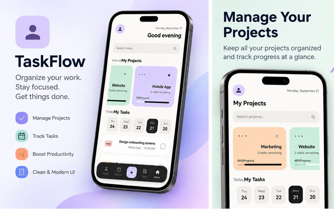 TaskFlow UI Android task manager template promotional graphic with smartphone screens showing projects and tasks