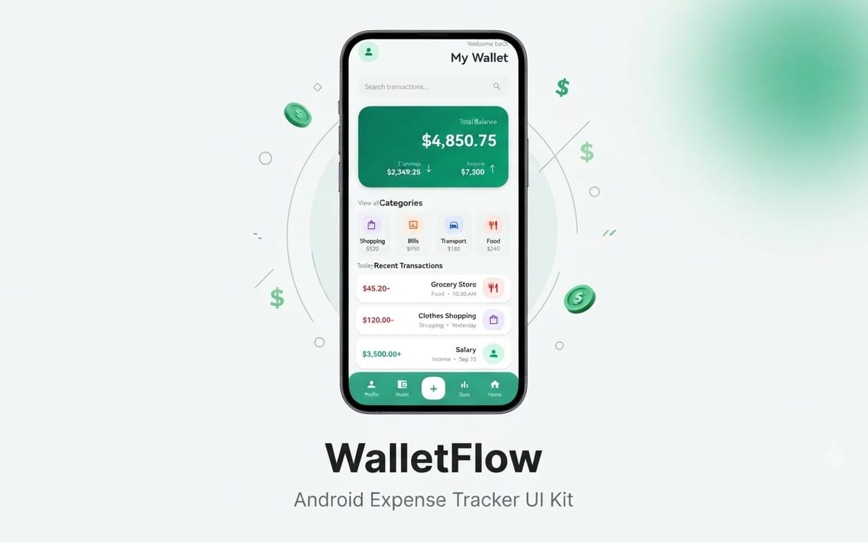 Android expense tracker UI kit mockup with My Wallet screen and WalletFlow branding on a phone display