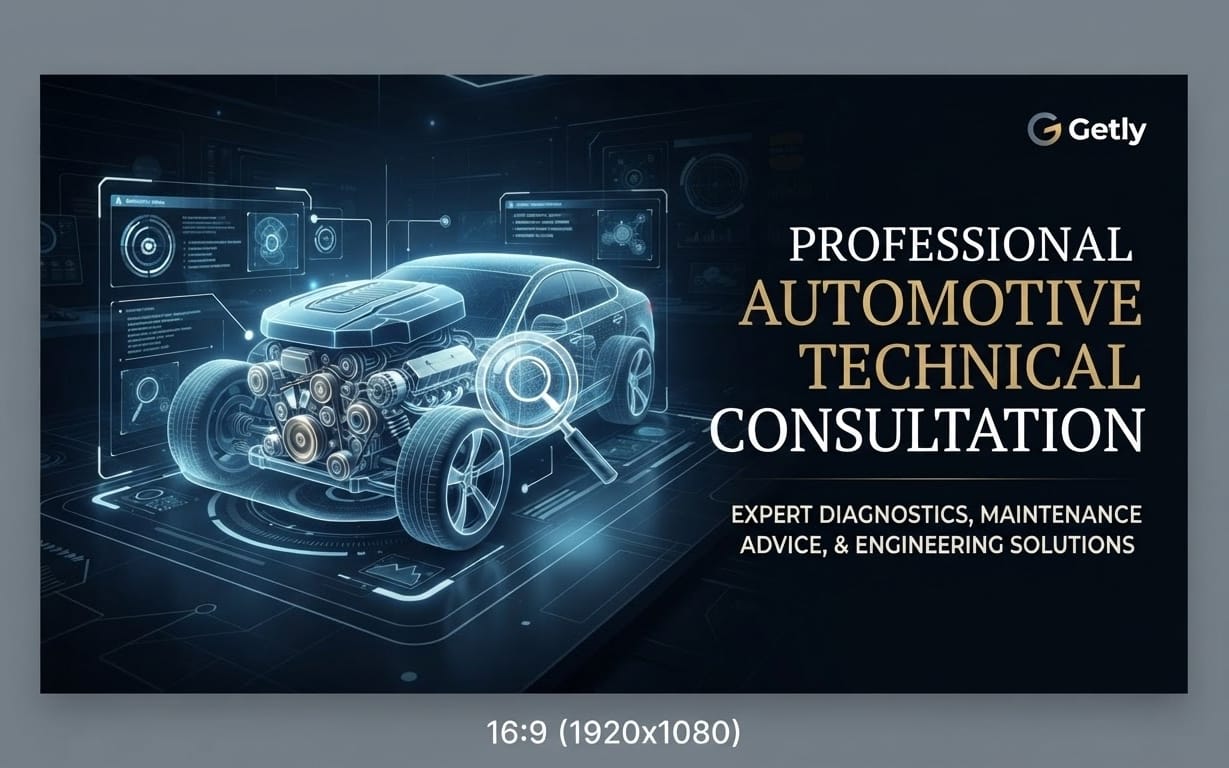 Futuristic car engine illustration with text Professional Automotive Technical Consultation for expert diagnostics and