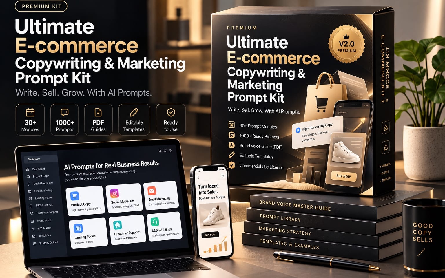 Premium e-commerce copywriting and marketing prompt kit box with laptop and smartphone UI displaying AI prompts modules