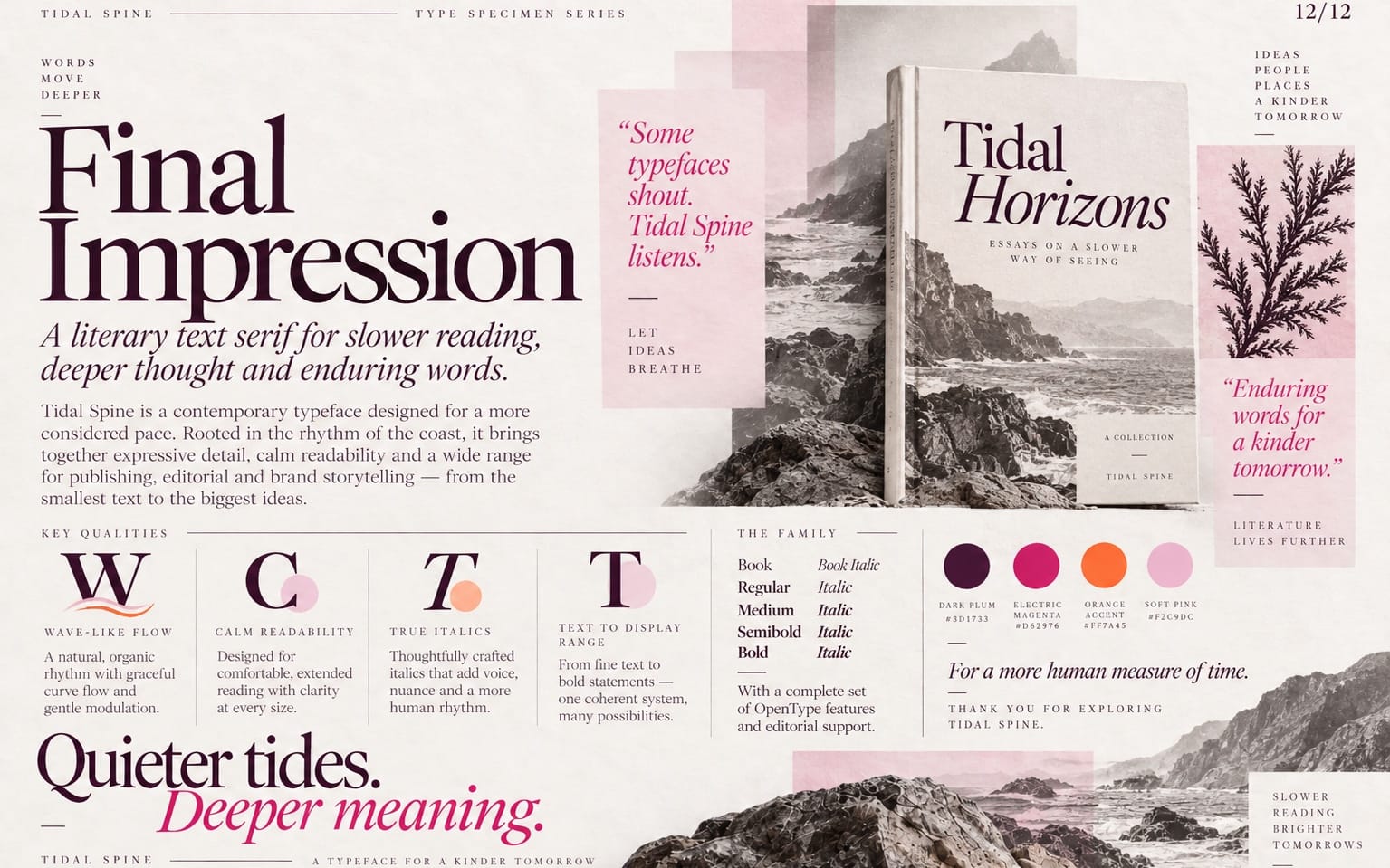 Tidal Spine type specimen page showing book cover, serif typography, and coastal landscape layout
