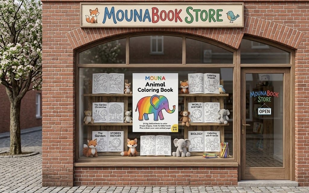 Books displayed in a storefront window for Moúna Book Store including animal coloring book and related titles