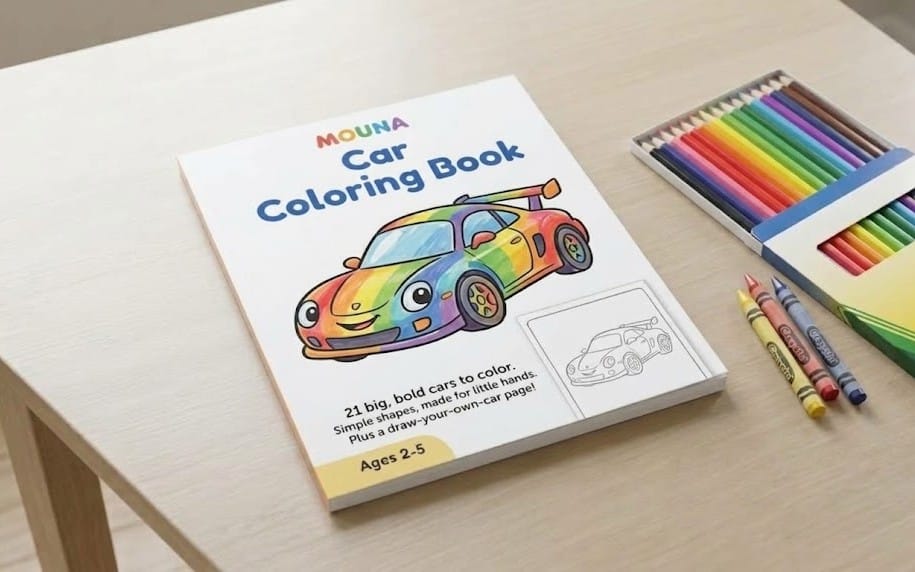 Car-themed coloring book with crayons on a tabletop, showing a kid coloring activity for ages 2-5