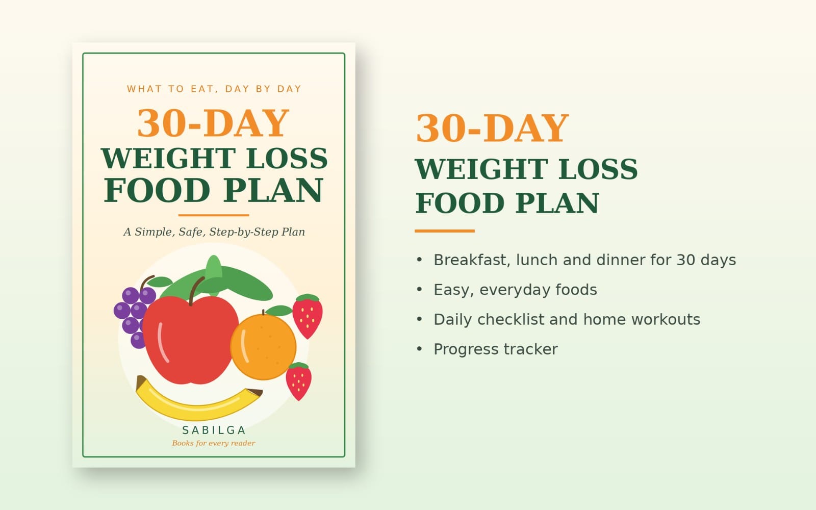 30-day weight loss food plan book cover with fruit illustrations and “What to Eat Day by Day” title text