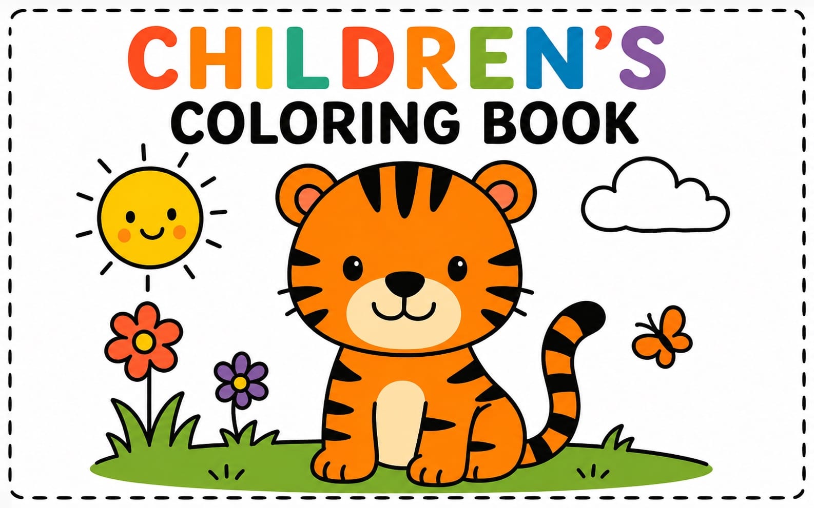 Kids coloring and tracing book cover with a smiling tiger, flowers, sun, and clouds text Childrens coloring book