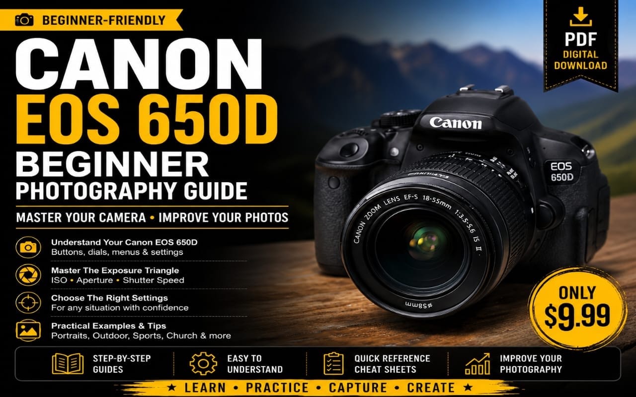 Canon EOS 650D beginner photography guide cover with DSLR camera and download PDF badge