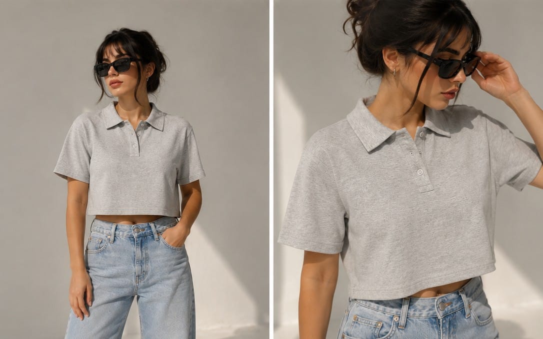 Women’s light gray short-sleeve polo crop top on model wearing sunglasses, studio fashion product photo