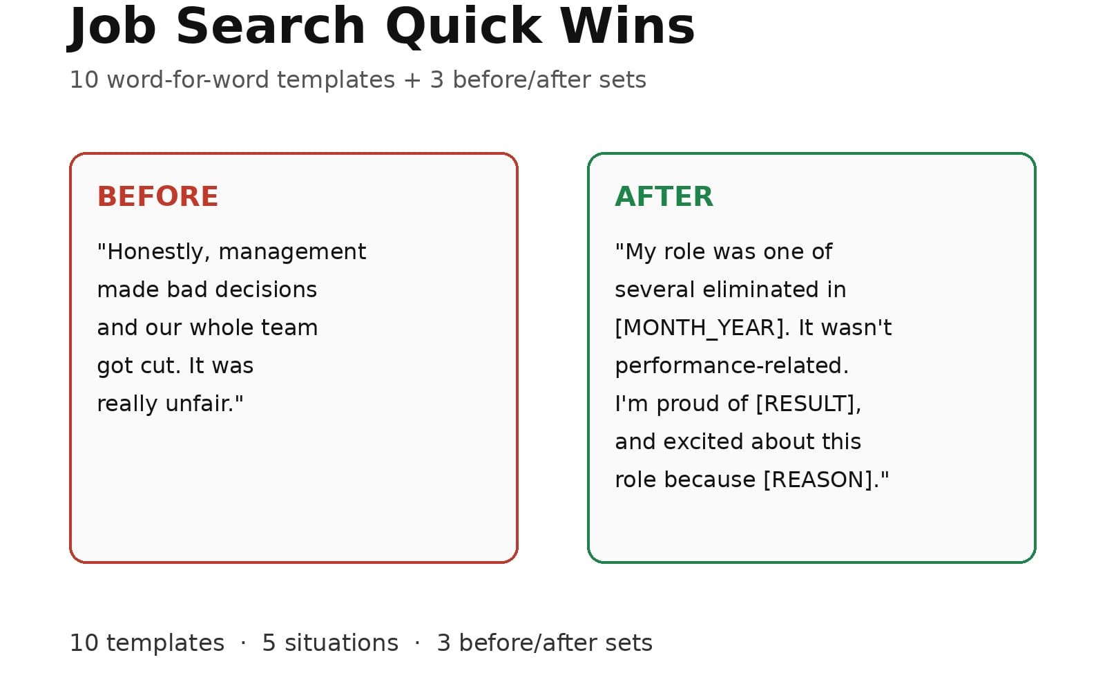 Job Search Quick Wins product preview with before and after quote templates on a split screen