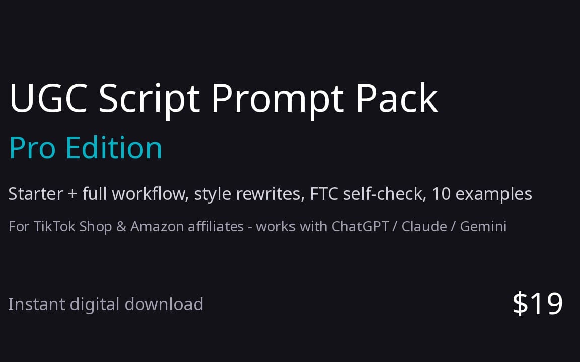 Dark sales banner for UGC Script Prompt Pack Pro digital download with workflow, FTC self-check, and price $19 text
