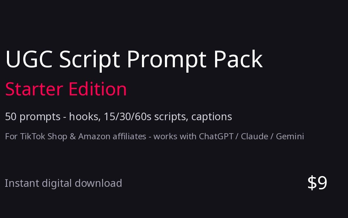 UGC Script Prompt Pack Starter Edition digital download banner with text, prompts, and $9 price