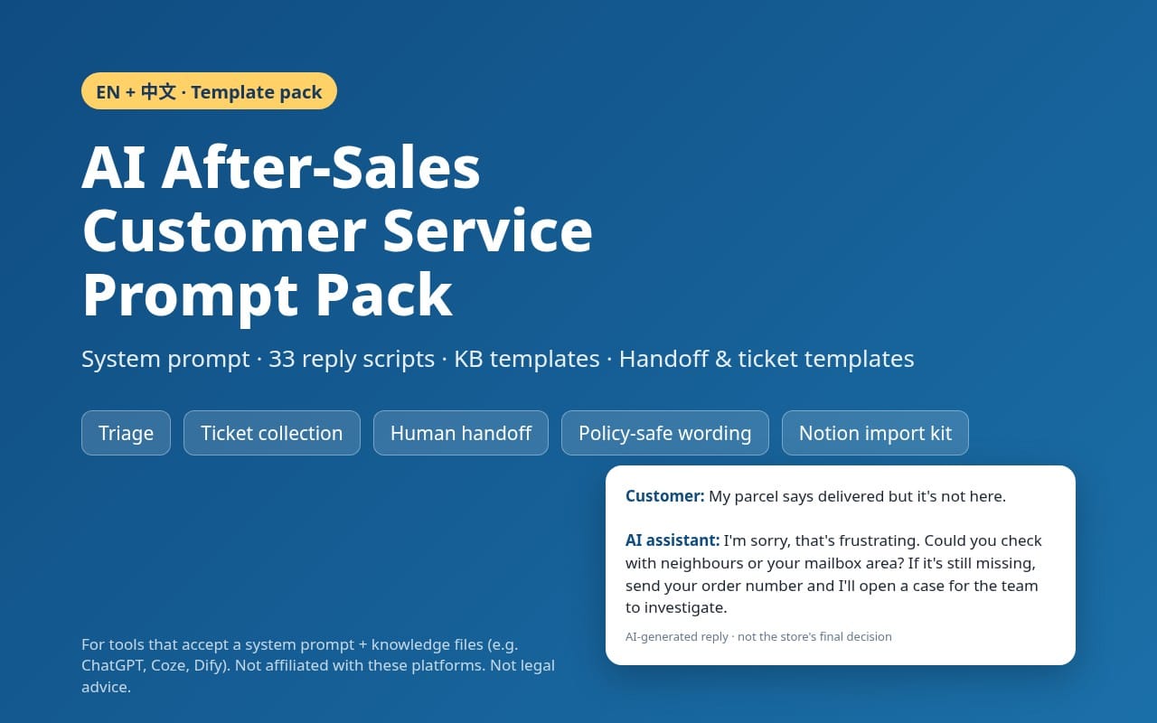 Blue promotional banner for an AI after-sales customer service prompt pack with system prompt and 33 reply scripts