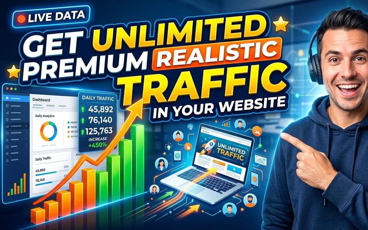 Promotional SEO traffic service banner with unlimited traffic text, dashboard charts, and a smiling man with headphones