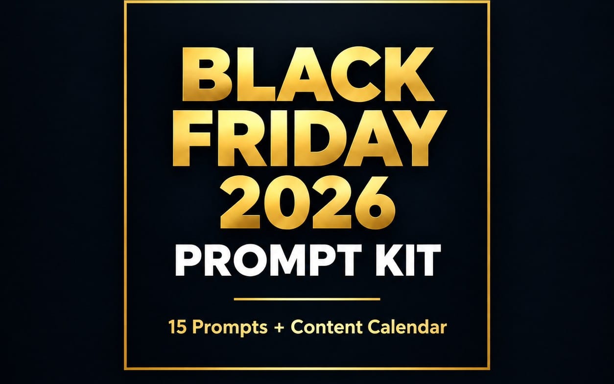 Black Friday 2026 prompt kit cover with bold 3D text and 15 prompts content calendar on dark background